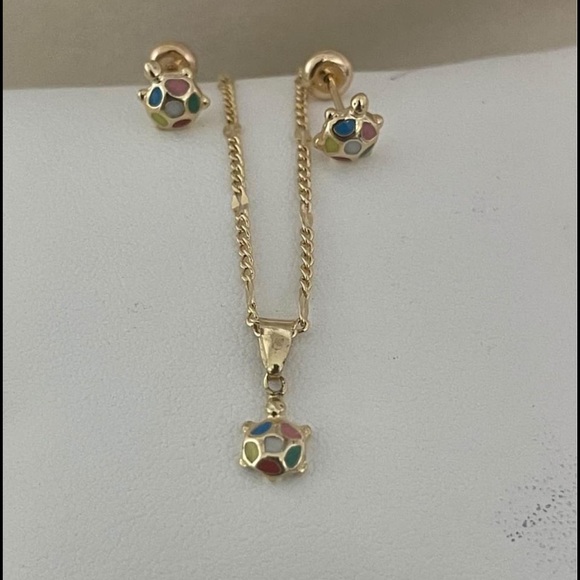 18k Gold Filled Turtle Children Earrings & Necklace - Picture 6 of 7